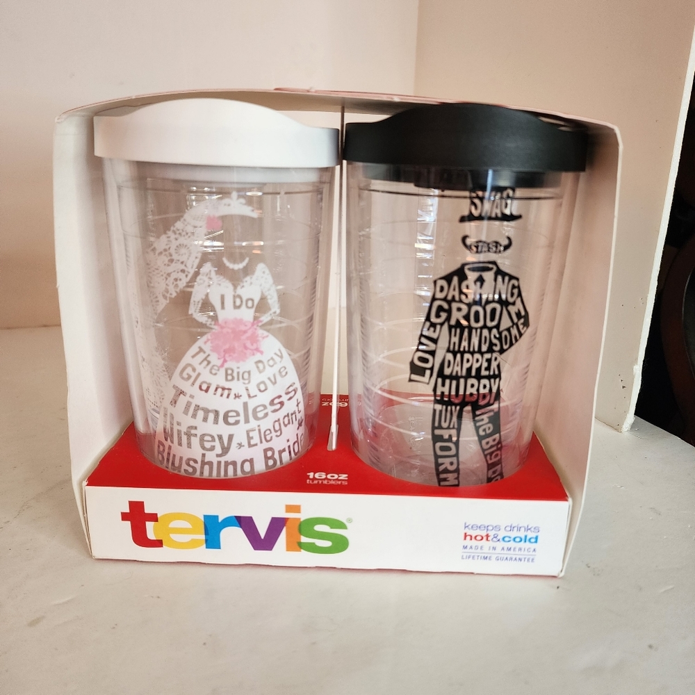 Tervis Bride Dress Groom Tux Wedding 16oz Tumbler Set New